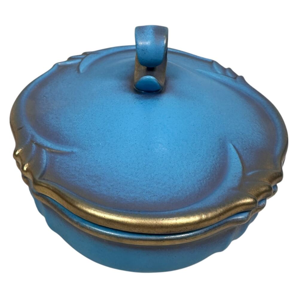 Vintage Wien Keramos Ceramic Dish with‎ Lid 8" Blue & Metallic Gold Matte 3207 - Picture 4 of 11